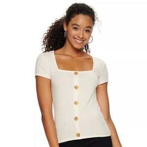 Cute Trendy White Button Down Crop Top Square Neck Suze S